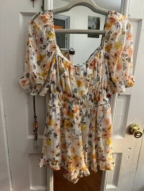 Floral Puff-Sleeve Mini Dress Romper - Yellow & Peach Floral